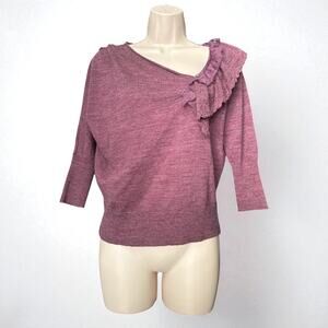 Knitted & Knotted Wool Ruffle Detail 3/4 Sleeve Sweater Top, Size S, Purple